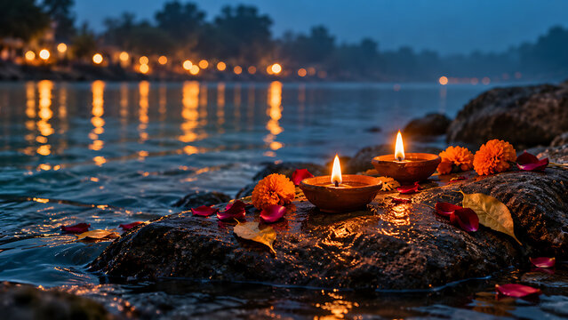 Two glowing diyas with marigold flowers beside sacred river during pitru paksha and durga puja evening ritual symbolizing remembrance prayer and devotion