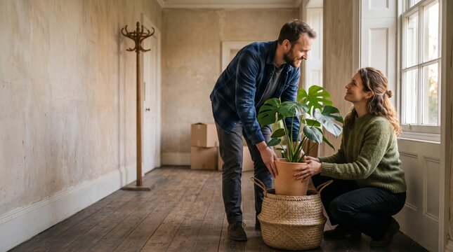 Siblings settle a houseplant in the empty entry hall