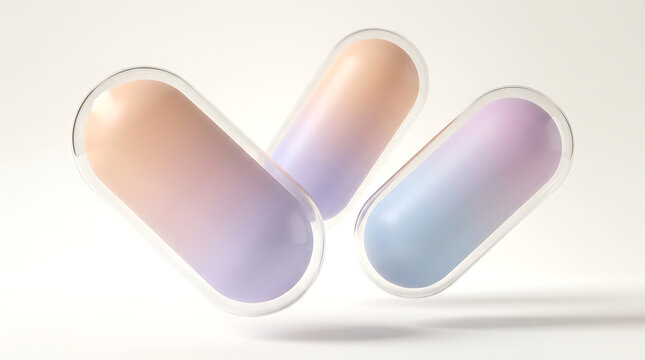 Three gradient colored pill capsules floating against a minimalist white background with pill capsule gel capsule medical capsule health supple