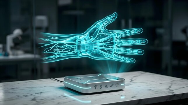 Advanced medical diagnostic device projecting a detailed glowing blue holographic anatomical human hand showing bones and tendons for futuristic orthopedic surgery and healthcare research.