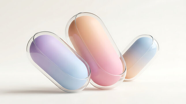 Assortment of pastel gradient gel capsules floating on a clean white surface with gel capsule pill capsule gradient colors health supplement