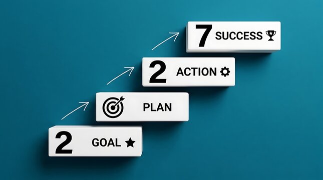Minimalist white blocks arranged as staircase representing roadmap for personal growth and goal achievement with text and icons on deep turquoise backdrop.