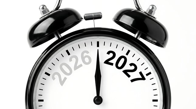 Retro styled black alarm clock face showing hand moving from year 2026 to 2027 indicating arrival of new year and passage of time on white background.