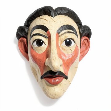 Papiermch zanni mask with long nose and natural pigments from commedia dellarte on white background