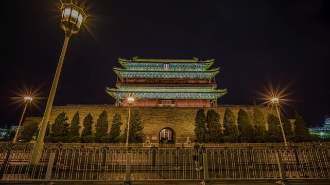 Illuminated Ancient Chinese Gate Tower at Night in Xi an, China