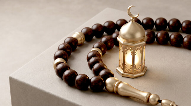 Islamic prayer beads and ornate golden lantern on marble surface