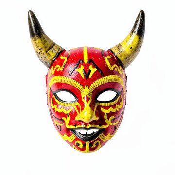 Traditional ecuadorian diablada de pllaro carnival mask in vibrant red and yellow with handcrafted horns isolated on white background