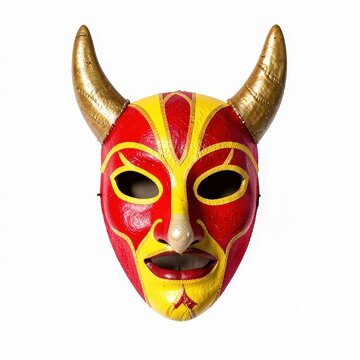 Traditional ecuadorian diablada de pllaro carnival mask with red and yellow colors and handcrafted horns on white background