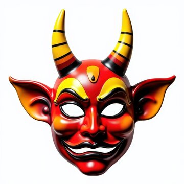 Traditional ecuadorian diablada de pllaro carnival mask in vibrant red and yellow with handcrafted horns on white background
