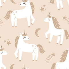 Obraz premium Unicorn seamless pattern with magical horses, stars, moons and rainbows in neutral beige colors. Hand drawn nursery vector background for baby fabric, textile, wallpaper and wrapping paper.