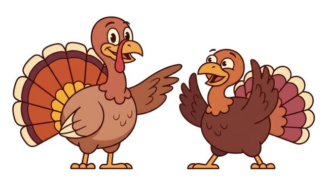 Cartoon illustration of two turkeys with one pointing at the other