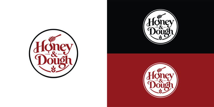 A circular logo for Honey & Dough, featuring stylish red typography, a honey dipper dripping honey, and a wheat stalk accent at the bottom.