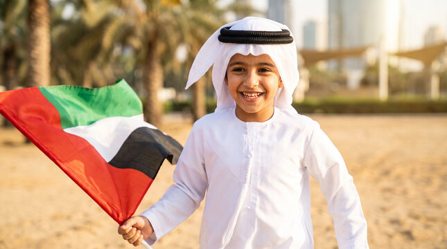 Emirati child running with flag during United Arab Emirates National Day celebration, expressing patriotism, joy and Emirati cultural heritage