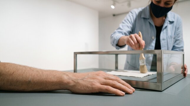 Conservator examines lifelike replica materials in a gallery