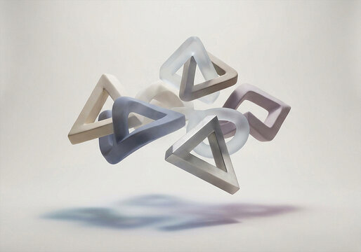 Metallic geometric mobius strip sculpture floating in minimalist studio lighting with reflective surfaces