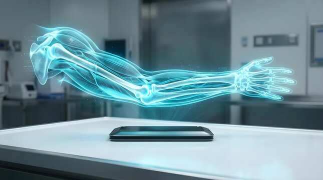 Futuristic medical technology showing a glowing blue 3D holographic projection of human arm anatomy including muscles and bones above a digital tablet in a high-tech hospital laboratory setting.