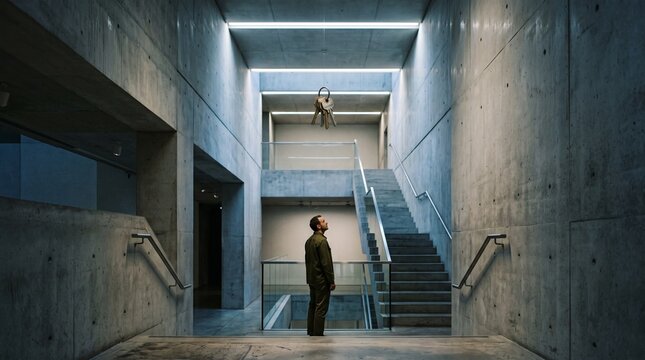 Low angle visitor beneath floating house keys in gallery