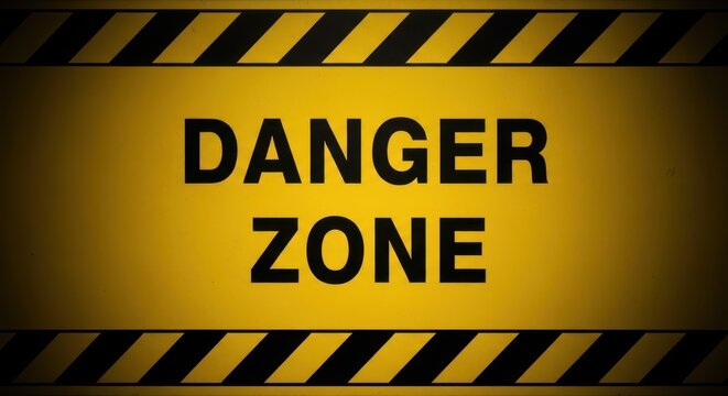 Danger zone text with black and yellow hazard stripes on a warning sign
