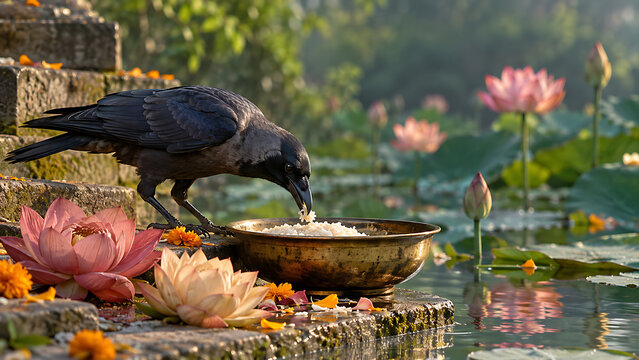 Black crow eating rice from brass bowl beside blooming lotus pond during pitru paksha ancestral ritual before durga puja devotional worship ceremony