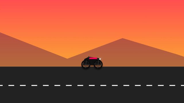 Minimalist 2d motorcycle driving across a scenic mountain landscape