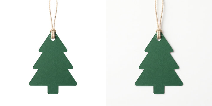 Christmas tree shaped gift tag blank mockup in green with jute twine loop is PNG isolated on transparent background for commercial graphic design use