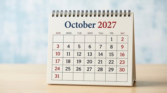 Desk calendar showing october 2027 with Sunday through Saturday grid for appointment scheduling.