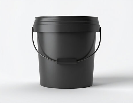 Black 20L plastic paint bucket with handle mockup isolated on white background, blank packaging template for branding