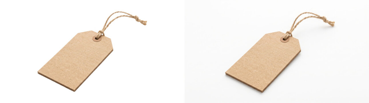Kraft paper gift tag blank mockup with a twine string loop attached is PNG isolated on transparent background for commercial graphic design use