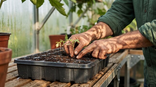 Hands settle seedlings beneath shifting greenhouse shadows