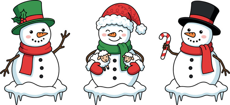 Cute Christmas Snowman Vector Collection Featuring Festive Hats, Scarves, Candy Canes, and Little Sheep on Snow Drifts