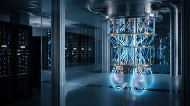 Advanced quantum computer with glowing blue energy circuits in a modern data center