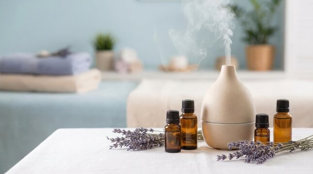 Aromatherapy diffuser with essential oils and lavender on a table