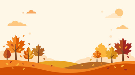 Fototapeta premium A vibrant and stylized autumn landscape illustration featuring colorful fall trees, falling leaves, rolling hills, and a warm sky, depicting the beauty of the season.