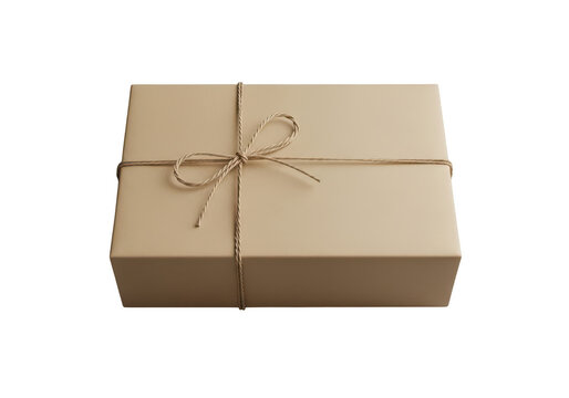 Small brown paper gift box tied with simple string isolated on transparent background