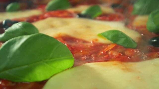 Slow Motion Macro Shot of Pizza Margherita Filmed with a Motion-Controlled Camera