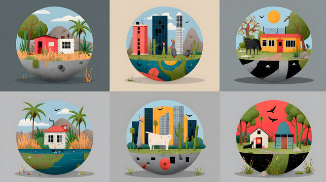 Illustration set of round mini worlds with houses, cities, animals and landscapes