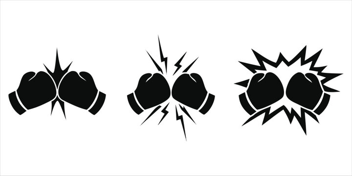 Boxing Gloves Collision Icon Set &ndash; Fight Impact Burst Sports Vector Collection. boxing gloves, boxing icon, boxing punch, fight icon, punch impact, boxing collision, boxing logo, boxing sport.