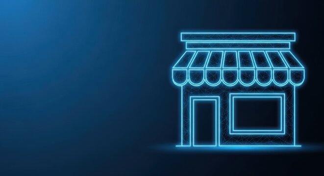 Neon Outline of a Small Retail Store Building Glowing on a Dark Blue Abstract Background