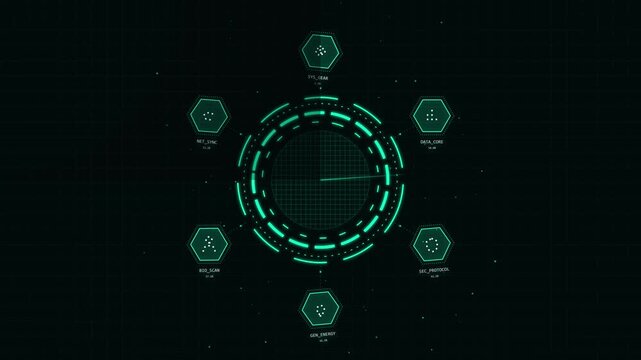 Futuristic circular HUD element with orbiting nodes, digital interface, data visualization, tech background