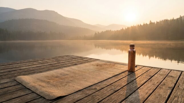 Yoga mat and water bottle on wooden dock at sunrise by calm lake