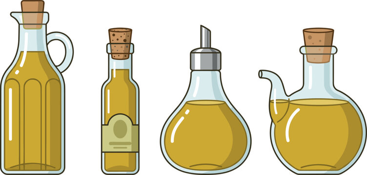 Olive Oil and Vinegar Bottle Vector Set Featuring Glass Dispensers, Cruets, and Kitchen Concepts
