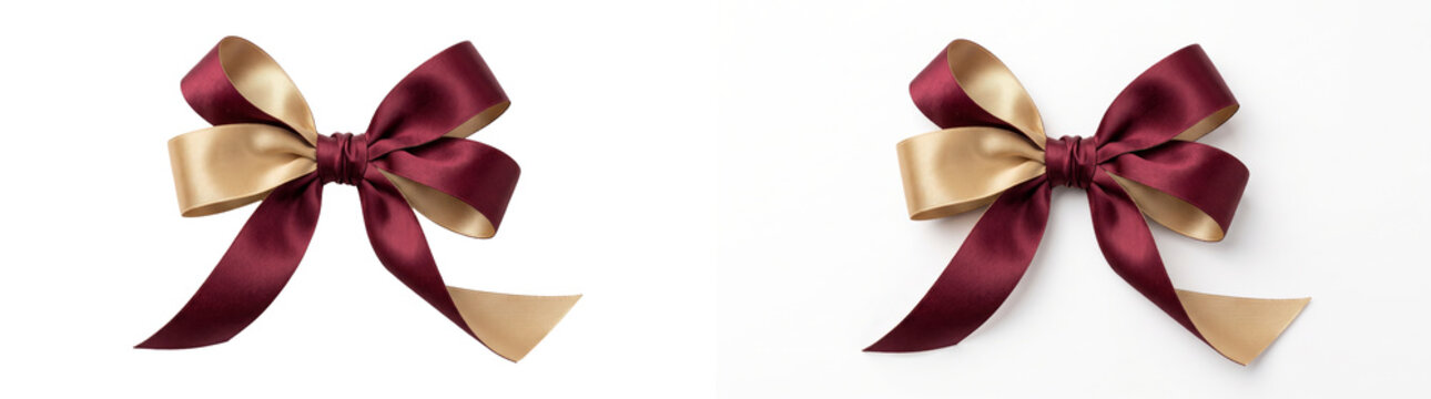 Burgundy satin ribbon bow with reversible gold lining and flowing tails is PNG isolated on transparent background for commercial graphic design use