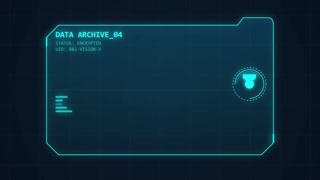 Futuristic digital interface displaying data archive information with futuristic typography and loading bar animation, digital technology