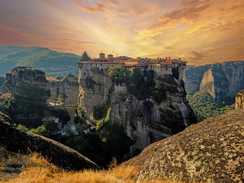 Monastery of Saint Varlaam at Meteora seen from the Great Meteoron monastery, Greece, ast sunset