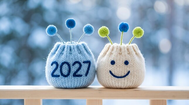 Two knitted bags with decorative pom-poms and 2027 number for New Year celebration in winter setting.