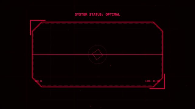 red digital hud interface displaying optimal system status, futuristic data display with geometric shapes and grid lines, technology background