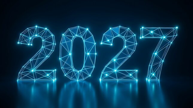 Digital network mesh forming year 2027 in bright blue glowing outline with reflections on dark surface, concept for technology future.