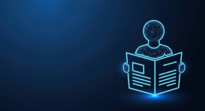 Digital Person Reading a Book Icon, Representing Knowledge and Education
