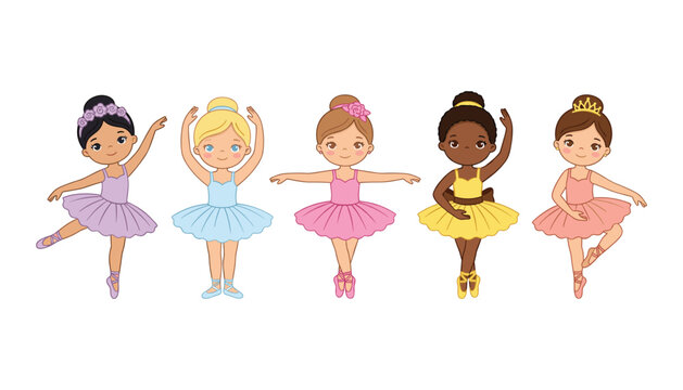 Cute little ballerina girl vector character collection dancing in colorful tutus on white background