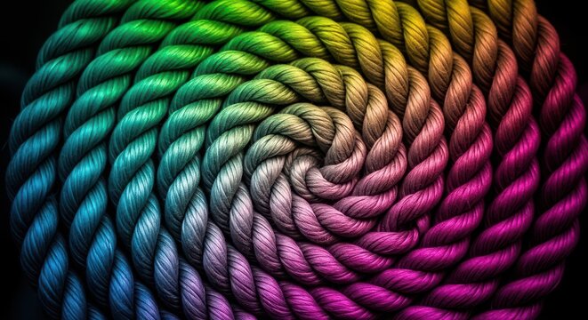 Spiral coil of thick twisted rope with a vibrant rainbow gradient color scheme